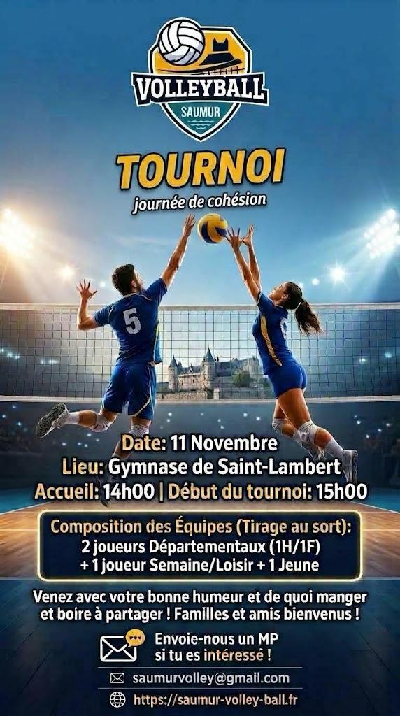 Tournoi interne du Saumur Volley-Ball le 11 novembre : accueil à 14 h, début à 15 h, gymnase de Saint-Lambert